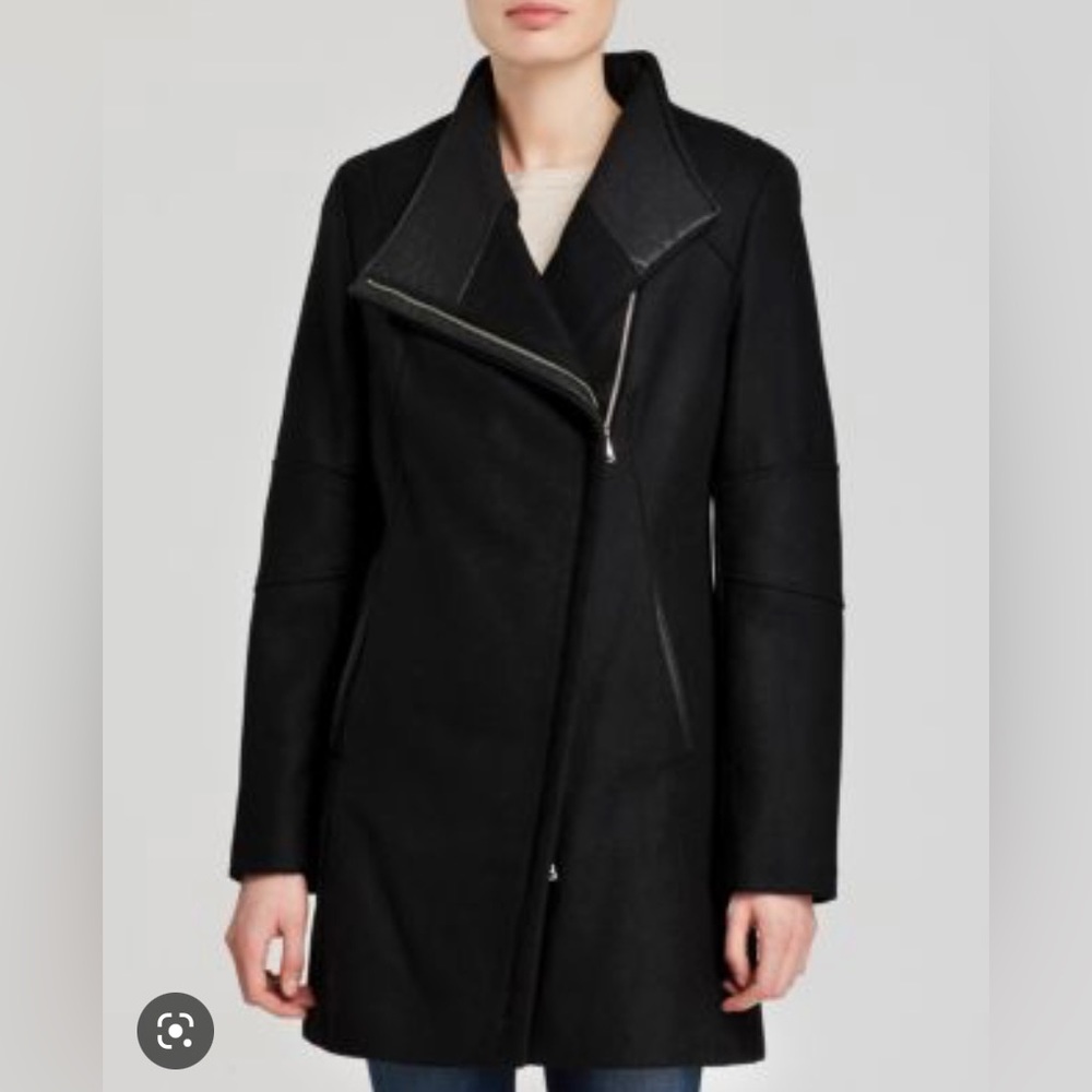 Calvin Klein Asymmetrical Faux Leather Trim Wool Coat